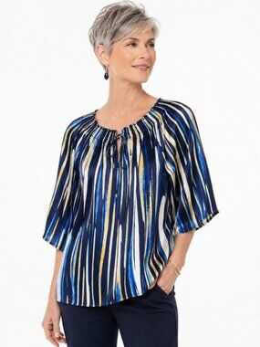 Cache Blue Yellow Abstract Print Silk Tunic Top